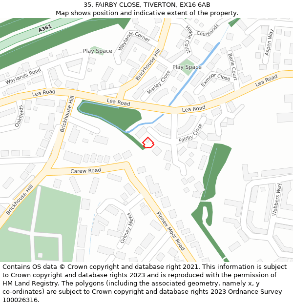 35, FAIRBY CLOSE, TIVERTON, EX16 6AB: Location map and indicative extent of plot