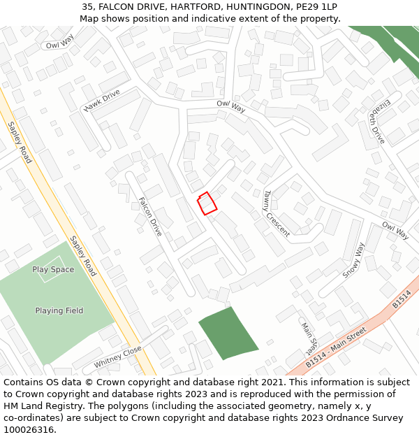 35, FALCON DRIVE, HARTFORD, HUNTINGDON, PE29 1LP: Location map and indicative extent of plot