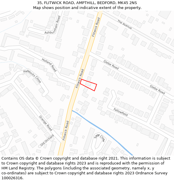 35, FLITWICK ROAD, AMPTHILL, BEDFORD, MK45 2NS: Location map and indicative extent of plot