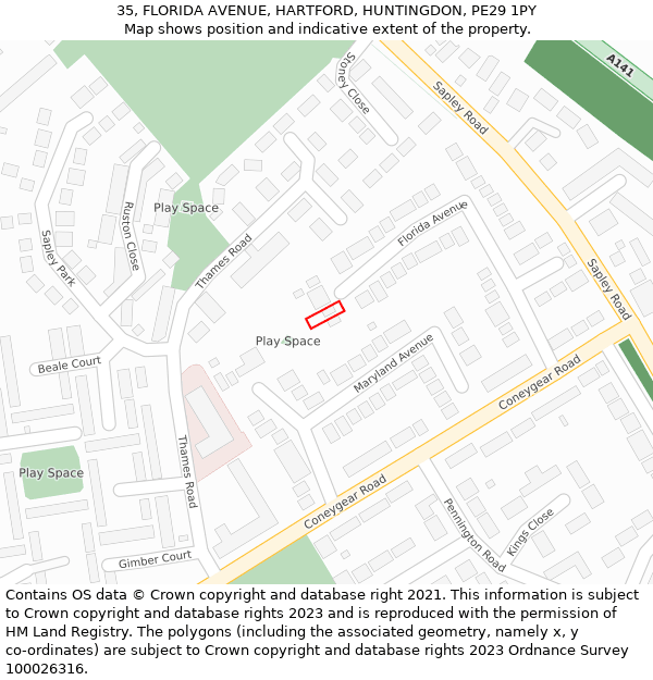 35, FLORIDA AVENUE, HARTFORD, HUNTINGDON, PE29 1PY: Location map and indicative extent of plot