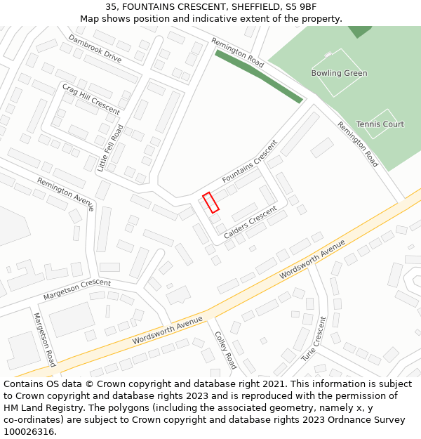 35, FOUNTAINS CRESCENT, SHEFFIELD, S5 9BF: Location map and indicative extent of plot