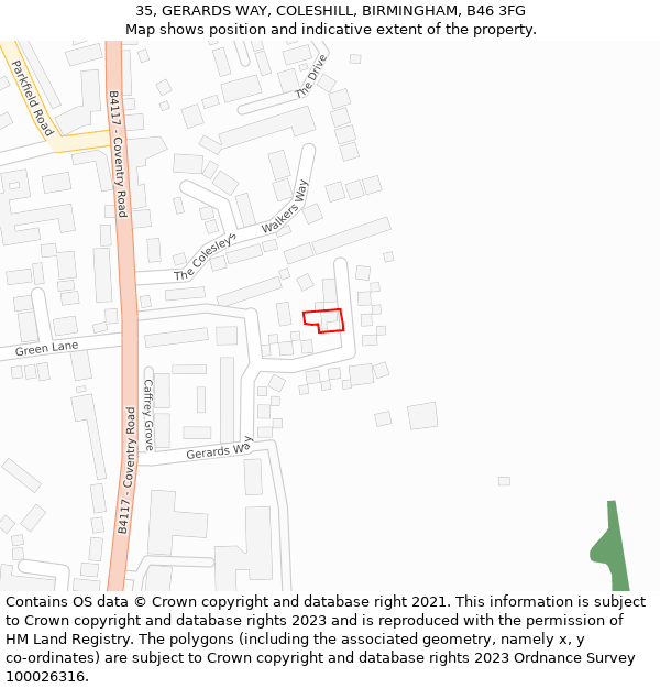 35, GERARDS WAY, COLESHILL, BIRMINGHAM, B46 3FG: Location map and indicative extent of plot