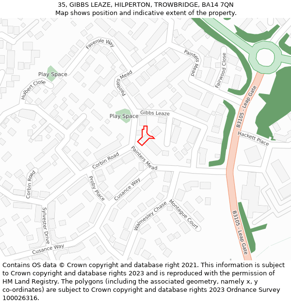 35, GIBBS LEAZE, HILPERTON, TROWBRIDGE, BA14 7QN: Location map and indicative extent of plot