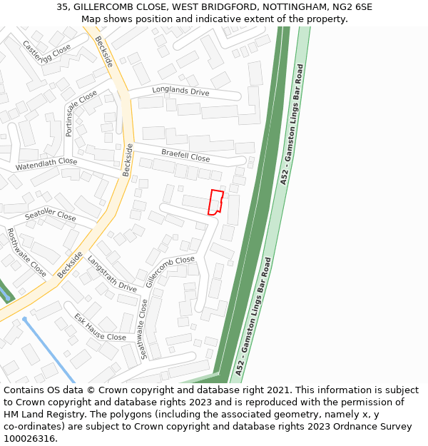 35, GILLERCOMB CLOSE, WEST BRIDGFORD, NOTTINGHAM, NG2 6SE: Location map and indicative extent of plot