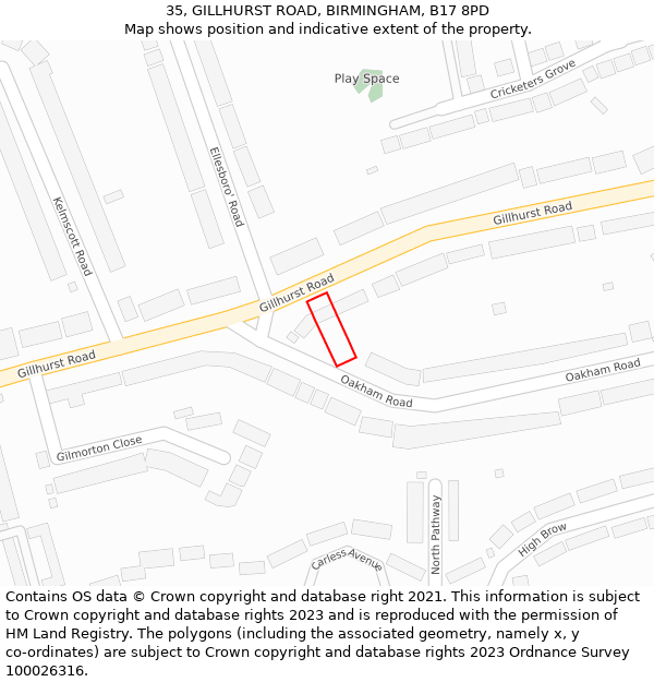 35, GILLHURST ROAD, BIRMINGHAM, B17 8PD: Location map and indicative extent of plot