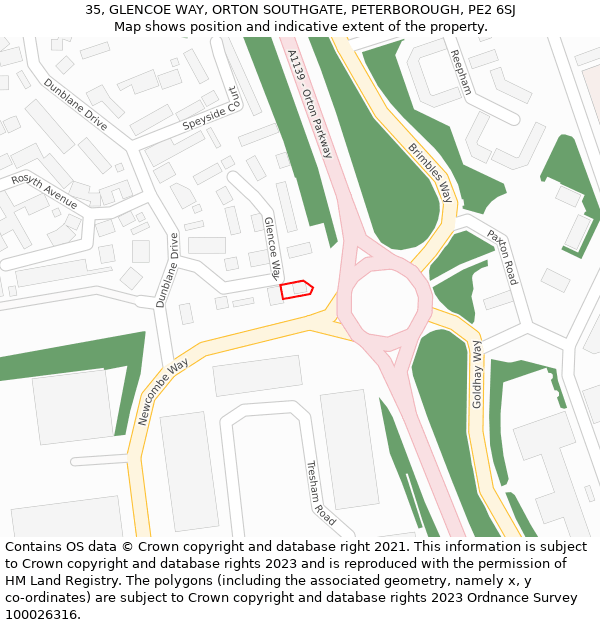 35, GLENCOE WAY, ORTON SOUTHGATE, PETERBOROUGH, PE2 6SJ: Location map and indicative extent of plot