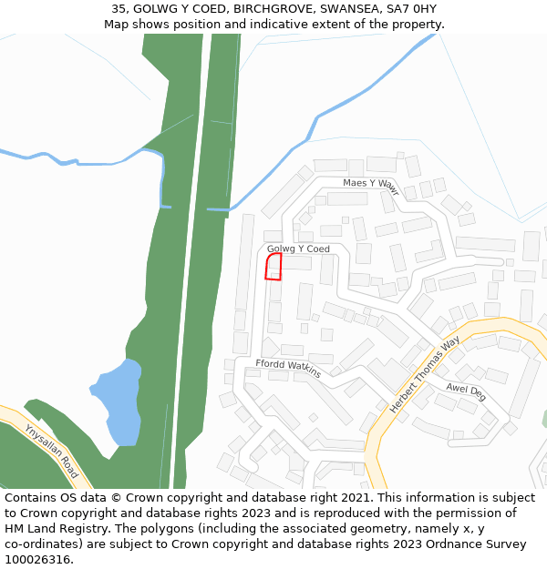 35, GOLWG Y COED, BIRCHGROVE, SWANSEA, SA7 0HY: Location map and indicative extent of plot