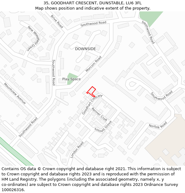 35, GOODHART CRESCENT, DUNSTABLE, LU6 3FL: Location map and indicative extent of plot