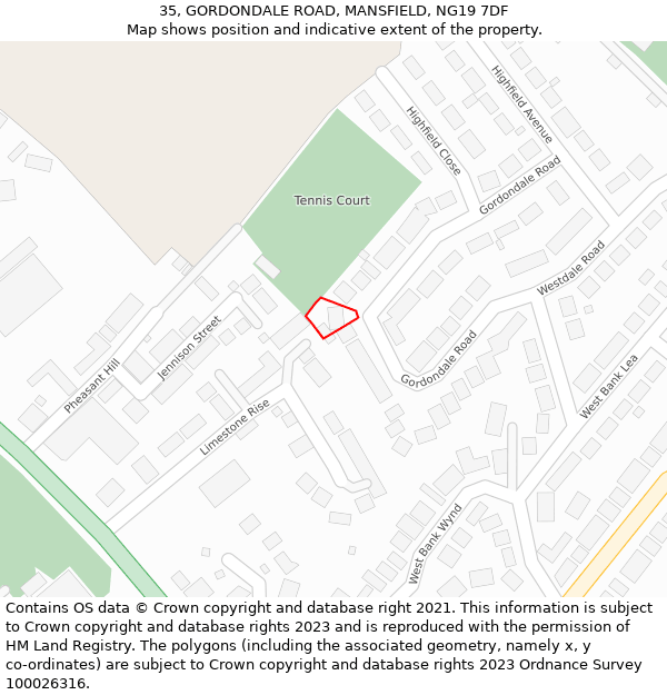 35, GORDONDALE ROAD, MANSFIELD, NG19 7DF: Location map and indicative extent of plot