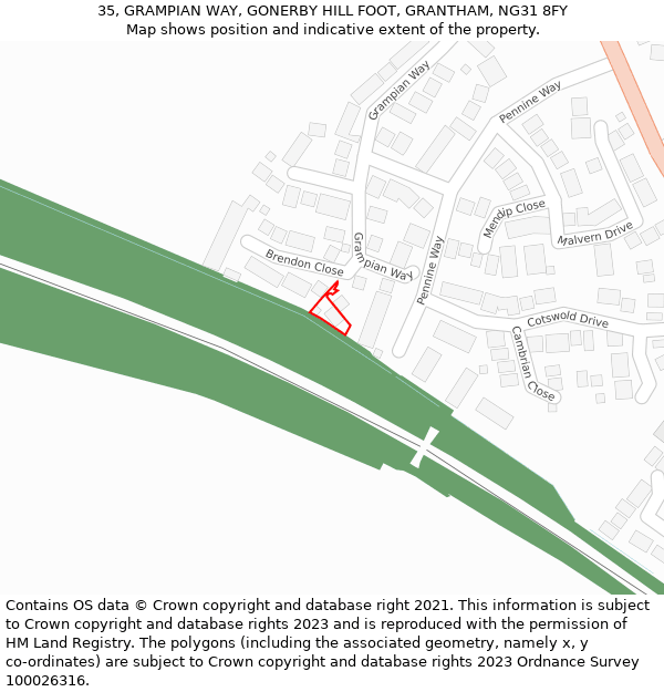 35, GRAMPIAN WAY, GONERBY HILL FOOT, GRANTHAM, NG31 8FY: Location map and indicative extent of plot