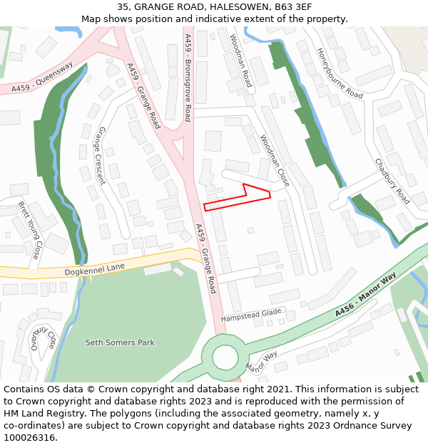 35, GRANGE ROAD, HALESOWEN, B63 3EF: Location map and indicative extent of plot