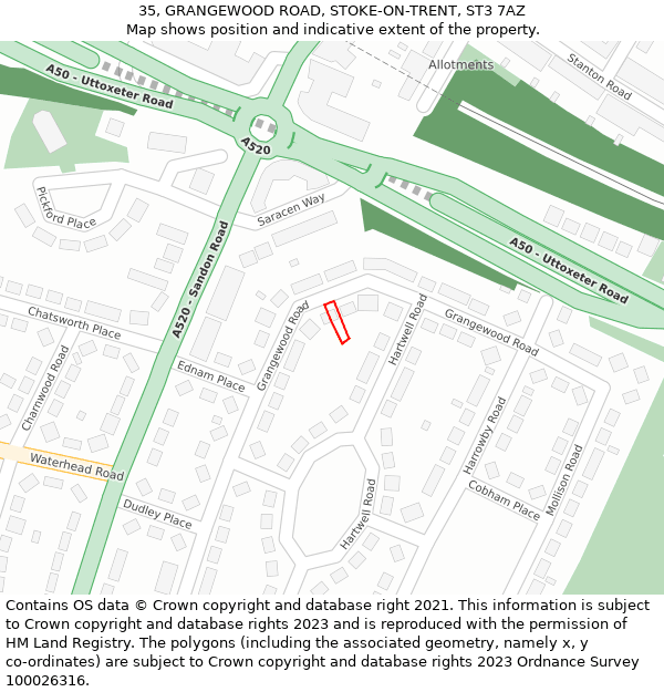 35, GRANGEWOOD ROAD, STOKE-ON-TRENT, ST3 7AZ: Location map and indicative extent of plot