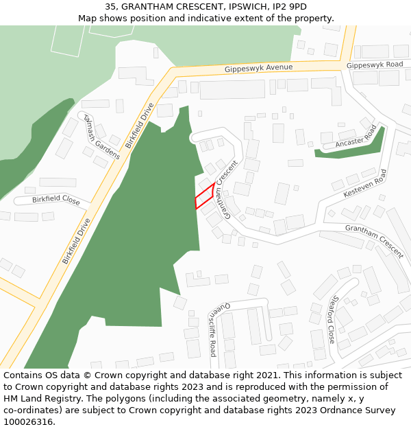 35, GRANTHAM CRESCENT, IPSWICH, IP2 9PD: Location map and indicative extent of plot