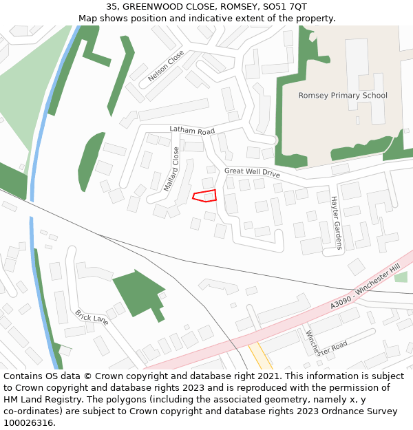 35, GREENWOOD CLOSE, ROMSEY, SO51 7QT: Location map and indicative extent of plot