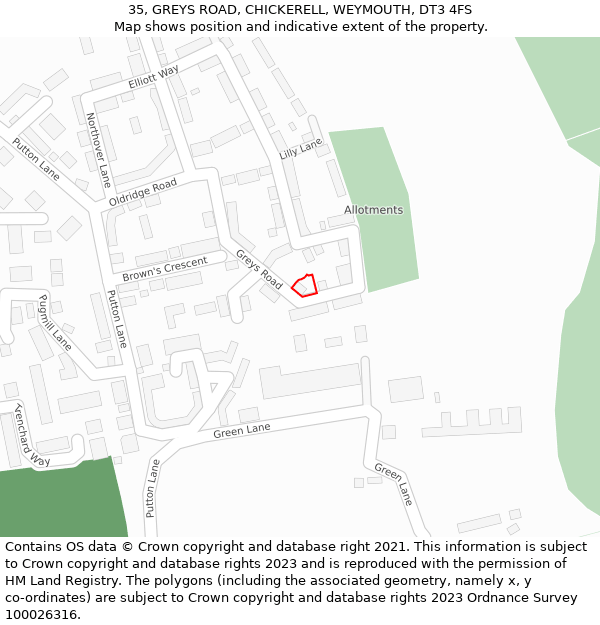 35, GREYS ROAD, CHICKERELL, WEYMOUTH, DT3 4FS: Location map and indicative extent of plot