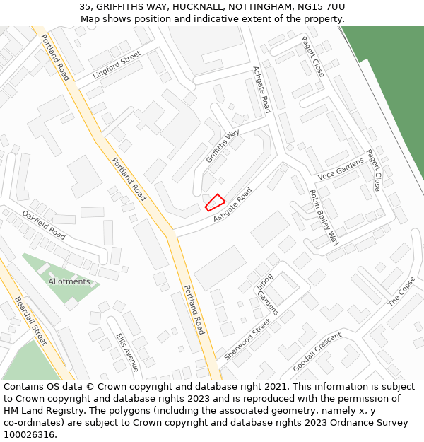 35, GRIFFITHS WAY, HUCKNALL, NOTTINGHAM, NG15 7UU: Location map and indicative extent of plot