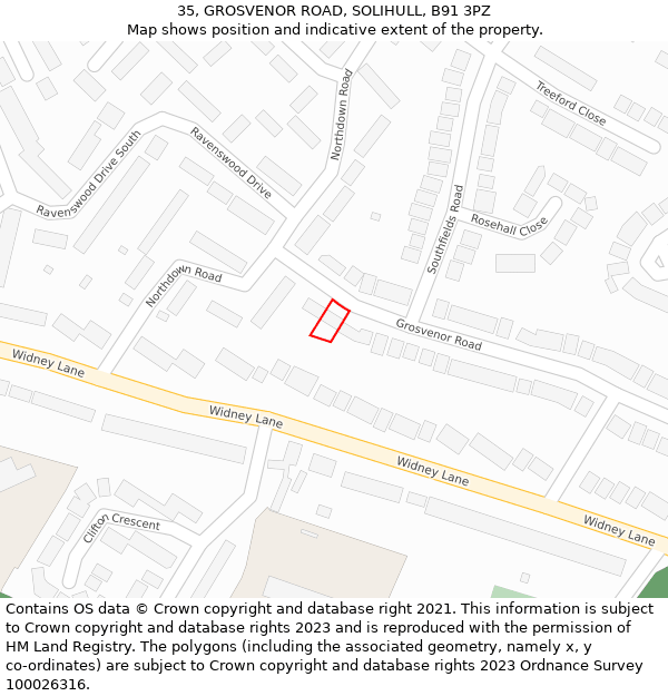 35, GROSVENOR ROAD, SOLIHULL, B91 3PZ: Location map and indicative extent of plot