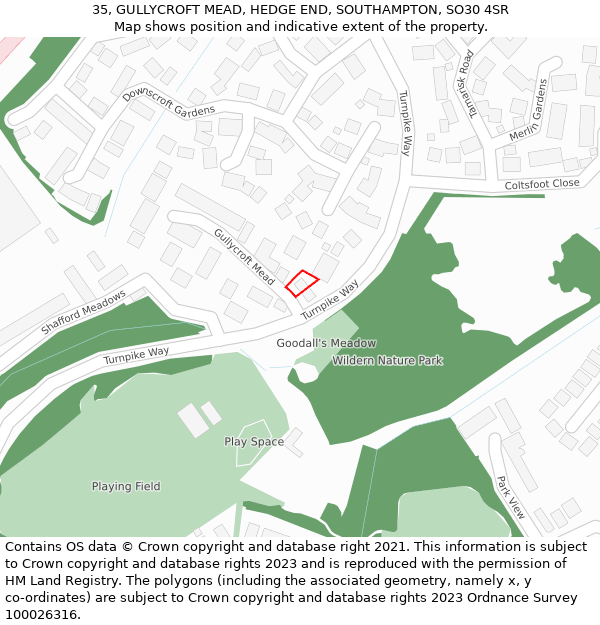 35, GULLYCROFT MEAD, HEDGE END, SOUTHAMPTON, SO30 4SR: Location map and indicative extent of plot