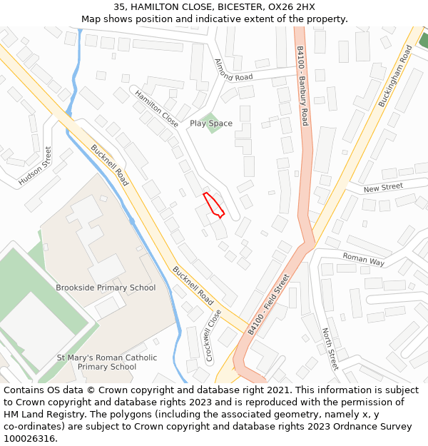 35, HAMILTON CLOSE, BICESTER, OX26 2HX: Location map and indicative extent of plot