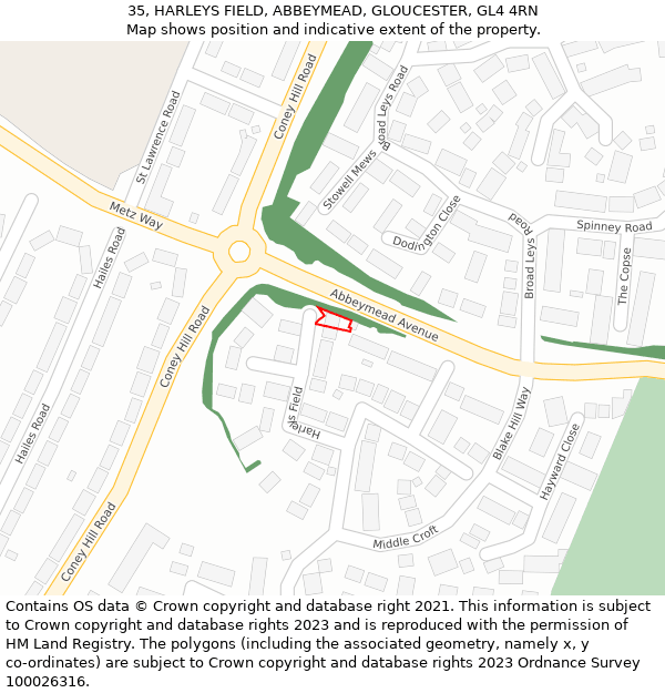 35, HARLEYS FIELD, ABBEYMEAD, GLOUCESTER, GL4 4RN: Location map and indicative extent of plot