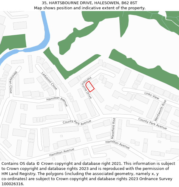 35, HARTSBOURNE DRIVE, HALESOWEN, B62 8ST: Location map and indicative extent of plot