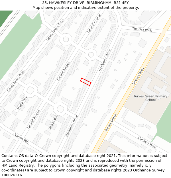 35, HAWKESLEY DRIVE, BIRMINGHAM, B31 4EY: Location map and indicative extent of plot