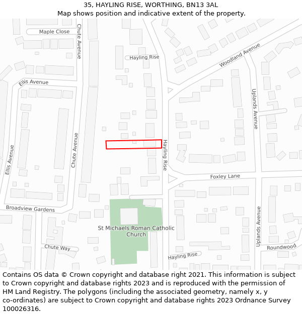 35, HAYLING RISE, WORTHING, BN13 3AL: Location map and indicative extent of plot