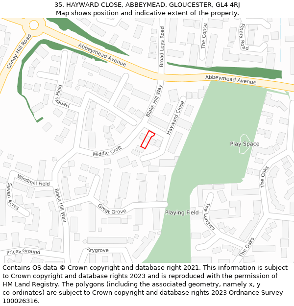 35, HAYWARD CLOSE, ABBEYMEAD, GLOUCESTER, GL4 4RJ: Location map and indicative extent of plot