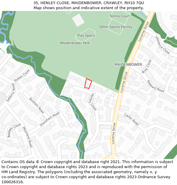 35, HENLEY CLOSE, MAIDENBOWER, CRAWLEY, RH10 7QU: Location map and indicative extent of plot