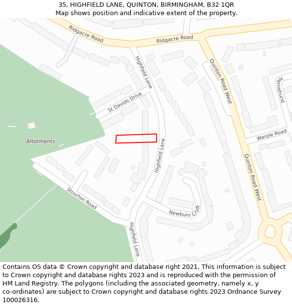 35, HIGHFIELD LANE, QUINTON, BIRMINGHAM, B32 1QR: Location map and indicative extent of plot