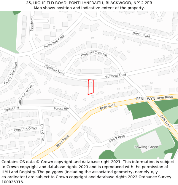 35, HIGHFIELD ROAD, PONTLLANFRAITH, BLACKWOOD, NP12 2EB: Location map and indicative extent of plot