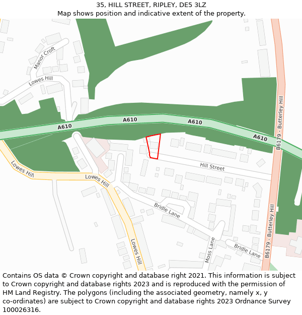 35, HILL STREET, RIPLEY, DE5 3LZ: Location map and indicative extent of plot