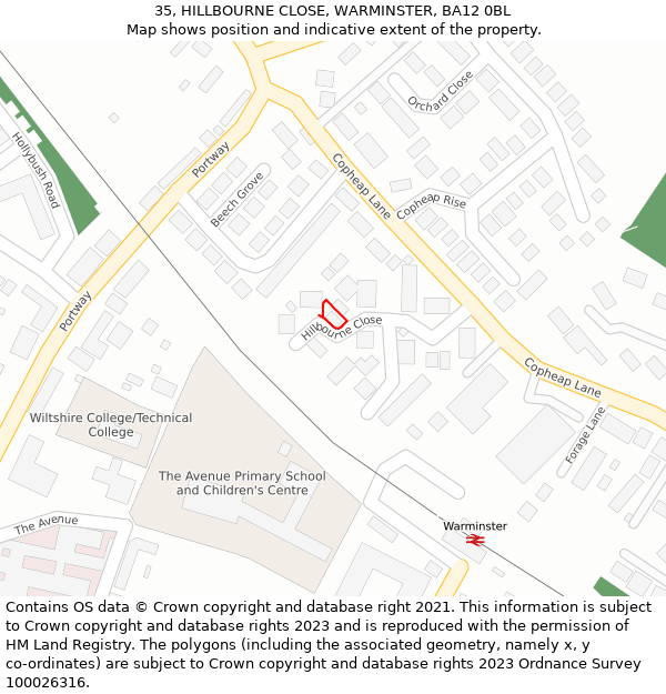 35, HILLBOURNE CLOSE, WARMINSTER, BA12 0BL: Location map and indicative extent of plot