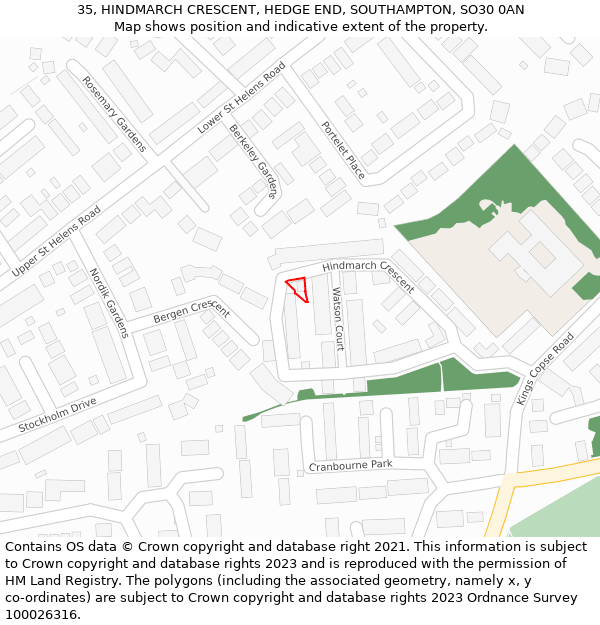 35, HINDMARCH CRESCENT, HEDGE END, SOUTHAMPTON, SO30 0AN: Location map and indicative extent of plot