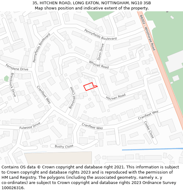 35, HITCHEN ROAD, LONG EATON, NOTTINGHAM, NG10 3SB: Location map and indicative extent of plot