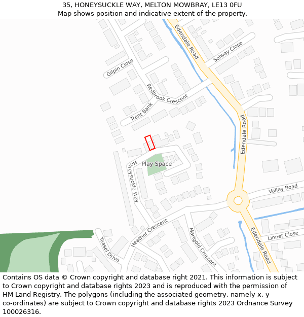 35, HONEYSUCKLE WAY, MELTON MOWBRAY, LE13 0FU: Location map and indicative extent of plot