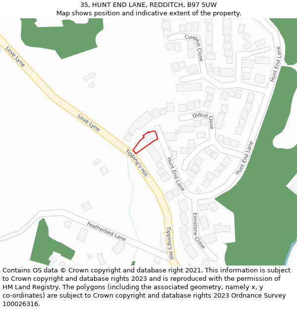 35, HUNT END LANE, REDDITCH, B97 5UW: Location map and indicative extent of plot