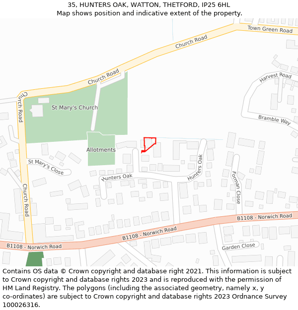 35, HUNTERS OAK, WATTON, THETFORD, IP25 6HL: Location map and indicative extent of plot