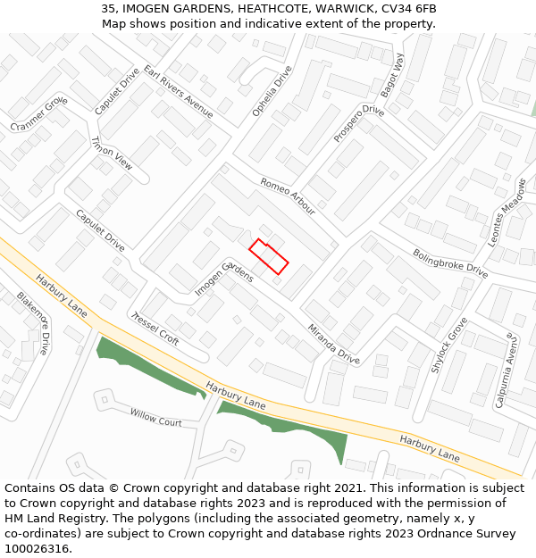 35, IMOGEN GARDENS, HEATHCOTE, WARWICK, CV34 6FB: Location map and indicative extent of plot