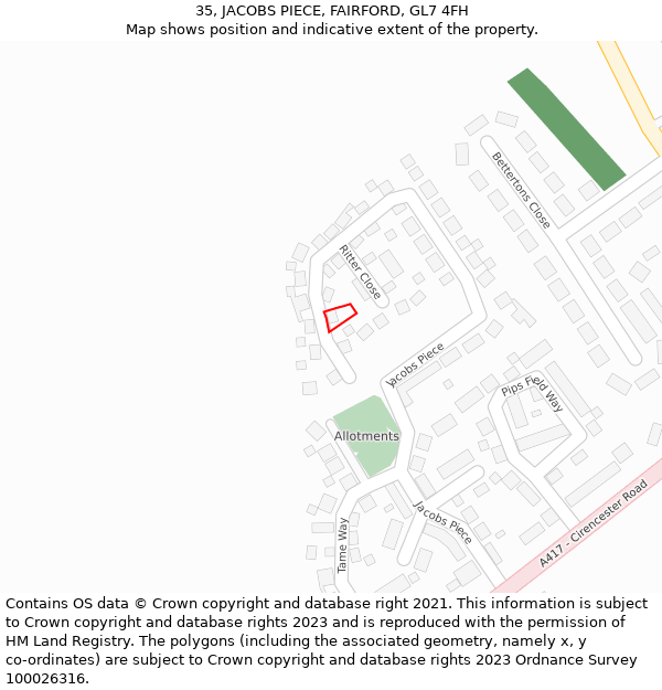 35, JACOBS PIECE, FAIRFORD, GL7 4FH: Location map and indicative extent of plot