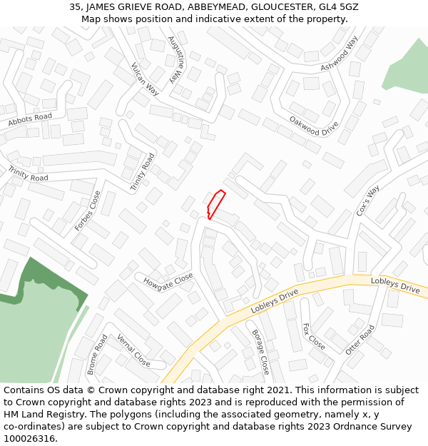 35, JAMES GRIEVE ROAD, ABBEYMEAD, GLOUCESTER, GL4 5GZ: Location map and indicative extent of plot