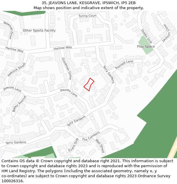 35, JEAVONS LANE, KESGRAVE, IPSWICH, IP5 2EB: Location map and indicative extent of plot