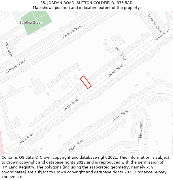 35, JORDAN ROAD, SUTTON COLDFIELD, B75 5AD: Location map and indicative extent of plot