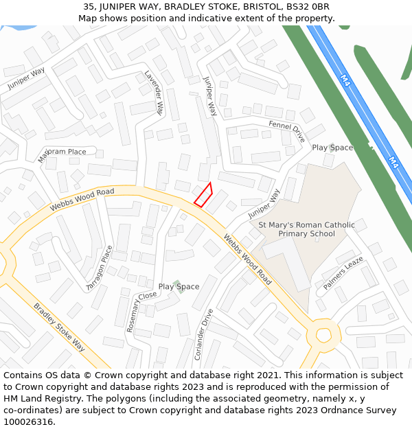 35, JUNIPER WAY, BRADLEY STOKE, BRISTOL, BS32 0BR: Location map and indicative extent of plot