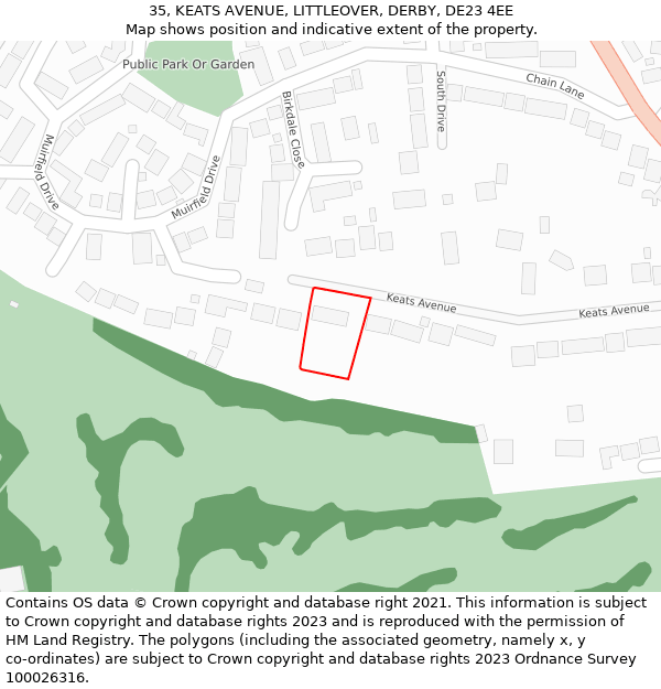 35, KEATS AVENUE, LITTLEOVER, DERBY, DE23 4EE: Location map and indicative extent of plot