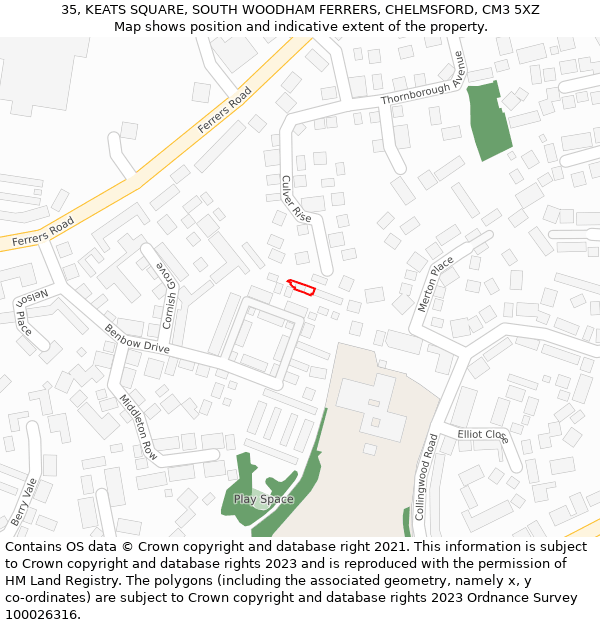 35, KEATS SQUARE, SOUTH WOODHAM FERRERS, CHELMSFORD, CM3 5XZ: Location map and indicative extent of plot