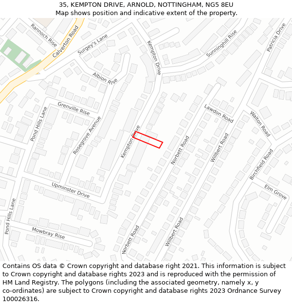 35, KEMPTON DRIVE, ARNOLD, NOTTINGHAM, NG5 8EU: Location map and indicative extent of plot