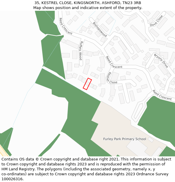 35, KESTREL CLOSE, KINGSNORTH, ASHFORD, TN23 3RB: Location map and indicative extent of plot