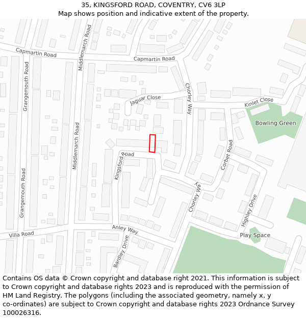 35, KINGSFORD ROAD, COVENTRY, CV6 3LP: Location map and indicative extent of plot