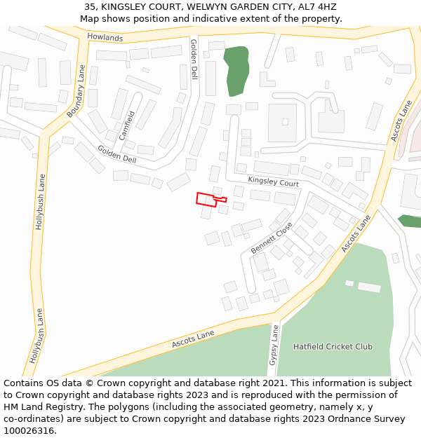 35, KINGSLEY COURT, WELWYN GARDEN CITY, AL7 4HZ: Location map and indicative extent of plot